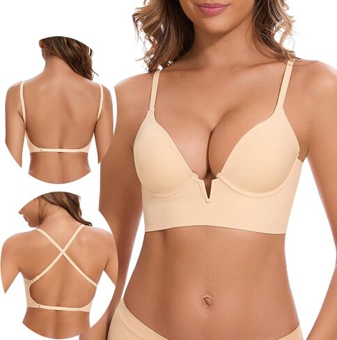 Deep V Low Back Bras for Women Backless Multiway Plunge Bra Push Up Bralettes Low Out Padded Underwire Lifting Bra in Saudi Arabia