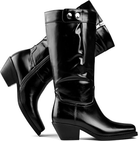 Mid Calf Boots for Women Square Toe Western Cowboy Boots Low Heel Biker Boots in Saudi Arabia