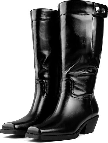 Mid Calf Boots for Women Square Toe Western Cowboy Boots Low Heel Biker Boots in Saudi Arabia