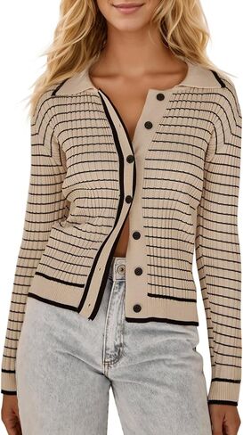 Saodimallsu Womens Striped Cardigan Collared Button Down Long Sleeve Open Front Ribbed Fitted Sweaters in Saudi Arabia