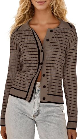 Saodimallsu Womens Striped Cardigan Collared Button Down Long Sleeve Open Front Ribbed Fitted Sweaters in Saudi Arabia