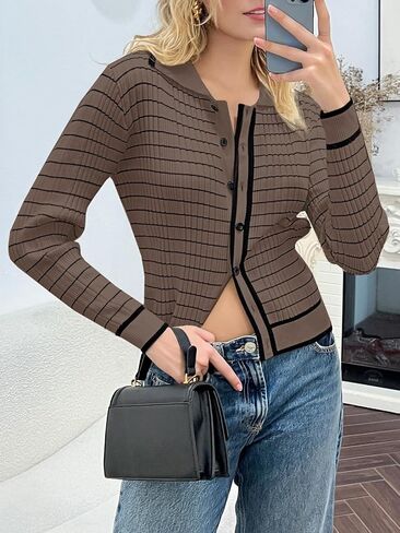 Saodimallsu Womens Striped Cardigan Collared Button Down Long Sleeve Open Front Ribbed Fitted Sweaters in Saudi Arabia