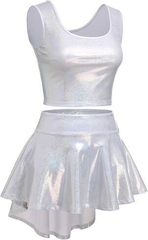 ABAFIP Women Rave Outfits Shiny Crop Top High Low Skirt with Shorts 3 piece Music Festival Clothes set in Kuwait
