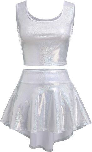 ABAFIP Women Rave Outfits Shiny Crop Top High Low Skirt with Shorts 3 piece Music Festival Clothes set in Kuwait