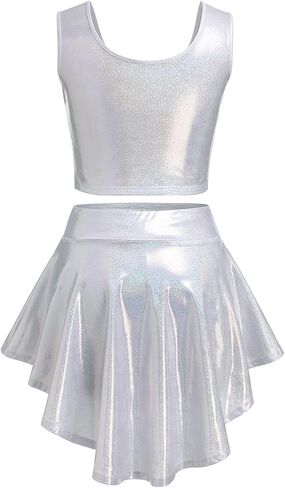 ABAFIP Women Rave Outfits Shiny Crop Top High Low Skirt with Shorts 3 piece Music Festival Clothes set in Kuwait