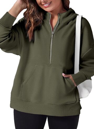 سويت شيرت Eytino مقاس كبير للنساء بلوفر كبير الحجم بأكمام طويلة ونصف سحاب وقمصان علوية ملابس الخريف، 3X أخضر in Kuwait