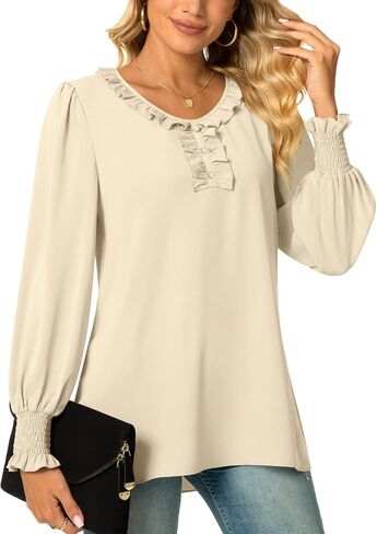 Aodemo Women's Ruffled Blouse Loose Puff Long Sleeve Shirt Chiffon Tunic Dressy Tops with Smocked Cuffs in Saudi Arabia