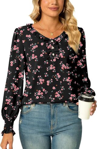 Aodemo Women's Ruffled Blouse Loose Puff Long Sleeve Shirt Chiffon Tunic Dressy Tops with Smocked Cuffs in Saudi Arabia