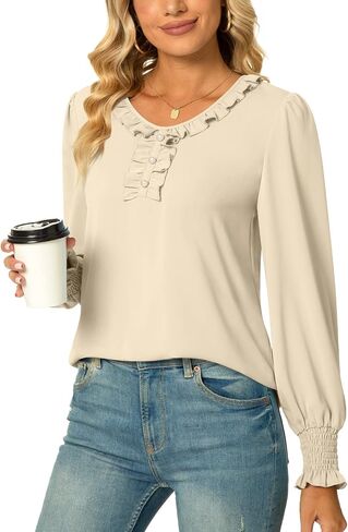 Aodemo Women's Ruffled Blouse Loose Puff Long Sleeve Shirt Chiffon Tunic Dressy Tops with Smocked Cuffs in Saudi Arabia