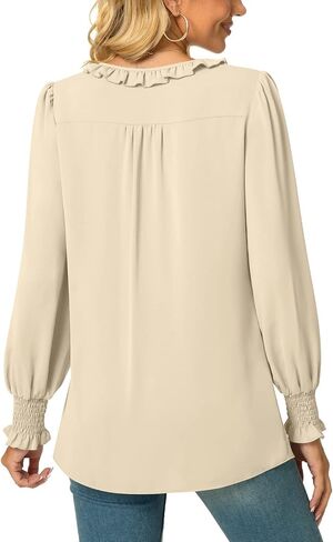 Aodemo Women's Ruffled Blouse Loose Puff Long Sleeve Shirt Chiffon Tunic Dressy Tops with Smocked Cuffs in Saudi Arabia