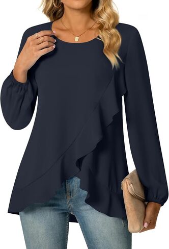 Aodemo Women's Ruffled Blouse Loose Puff Long Sleeve Shirt Chiffon Tunic Dressy Tops with Smocked Cuffs in Saudi Arabia