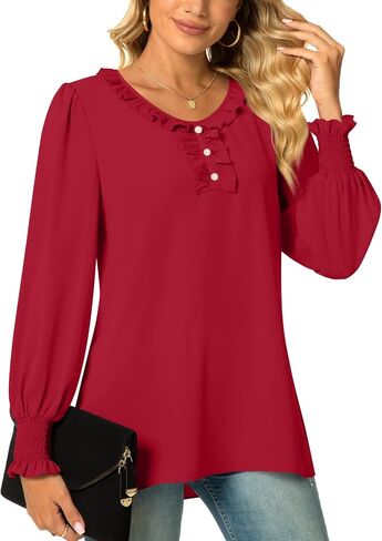 Aodemo Women's Ruffled Blouse Loose Puff Long Sleeve Shirt Chiffon Tunic Dressy Tops with Smocked Cuffs in Saudi Arabia