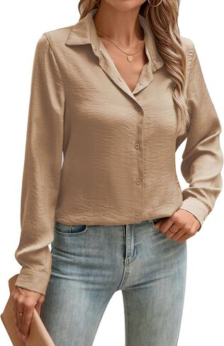قمصان COUXILY من الساتان بأزرار سفلية للسيدات، بلوزات حريرية كاجوال بأكمام طويلة، قمصان نسائية، قمصان عمل in Kuwait