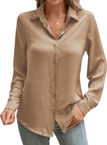 قمصان COUXILY من الساتان بأزرار سفلية للسيدات، بلوزات حريرية كاجوال بأكمام طويلة، قمصان نسائية، قمصان عمل in Kuwait
