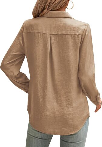 قمصان COUXILY من الساتان بأزرار سفلية للسيدات، بلوزات حريرية كاجوال بأكمام طويلة، قمصان نسائية، قمصان عمل in Kuwait