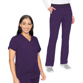 Med Couture Scrub Set for Women, 11 Pockets with V-Neck Scrub Top MC7459 and Comfortable Scrub Pants, MC7739, Eggplant - M Top/M Petite Pant