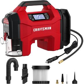 CRAFTSMAN Inflator/Vacuum/Blower 3-IN-1, Tire Inflator Portable Air Compressor with LED Light, Car Vacuum or Blower, Ultra Quiet, Max Pressure 160 PSI, 12V DC Corded And 20V DC Cordless Battery