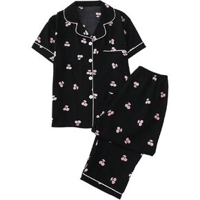 Women's 2 Piece Pajama Set Floral Print Sleepwear Short Sleeve Button Down Shirt and Pants Sets Loungewear Pj Sets