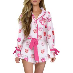 Argeousgor Women Valentine's Day Silk Pajamas Set Bow Pjs Long Sleeve Button Down Shirt Shorts Heart Lounge Set Sleepwear