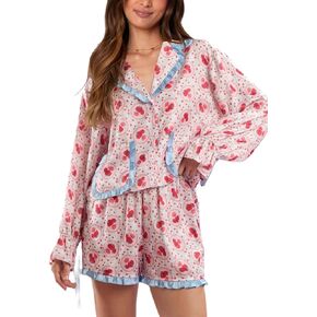 Argeousgor Women Valentine's Day Silk Pajamas Set Bow Pjs Long Sleeve Button Down Shirt Shorts Heart Lounge Set Sleepwear in Kuwait
