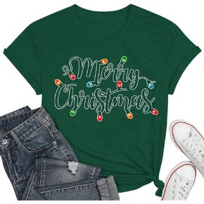 Merry and Bright Shirt Women Christmas Tree Tshirts Ladies Xmas Short Sleeved Tee Tops