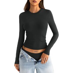 Seamless Long Sleeve Shirts for Women Crewneck Double Layering Basic Tops Fitted Y2K T Shirts Fall Clothes 2024