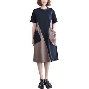 ellazhu Women's Short Sleeves Color Block Patchwork Casual T-Shirt Dress Whith Pockets GA2732 A