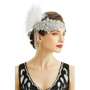 BABEYOND Women’s 1920s Headband Flapper Feather Headpiece with Chain Roaring 20s Great Gatsby Themed Party Hair Accessory (White)