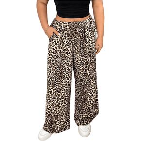 Floerns Women's Plus Size Leopard High Waist Pants Drawstring Wide Leg Trousers