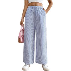 Floerns Women's Striped Elastic Drawstring Waist Straight Wide Leg Pants with Pockets