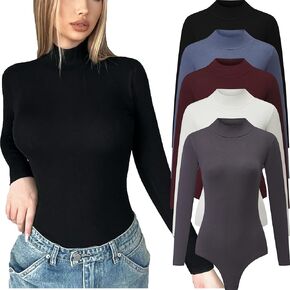 5 Pack Bodysuits for Women Long Sleeve Mock Turtleneck Casual Stretchy Basic T Shirt Bodysuit Tops