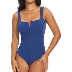 SHAPERIN Women's Notch V Square Neck Sleeveless Bodysuit Tank Tops Tummy Control Shapewear Thong Body Suits Double Lined
