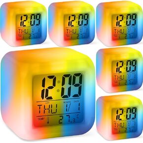 6 Pcs Digital Alarm Clocks with 7 Color Changing Night Light, Battery Operated Small Alarm Clock for Bedroom, Bedside Cube Clock with Date, Temperature, Night Light Clocks