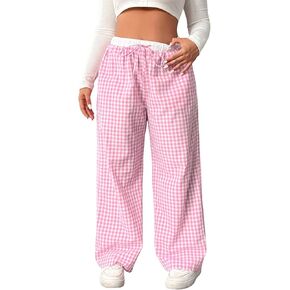 Floerns Women's Plus Size Plaid Drawstring High Waist Wide Leg Pants Y2K Long Pants Loungewear