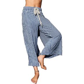 Women Striped High Waist Wide Leg Palazzo Pants Trousers Drawstring Cropped Pants with Pockets Capris Pants