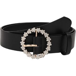 GORGLITTER Women's Rhinestone Round Buckle Leather Decorative Belts