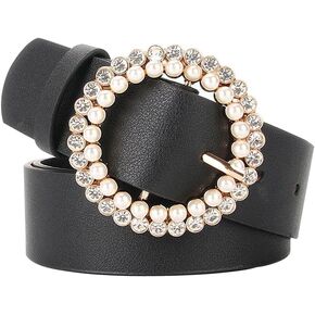 Leadigol Women Pu Leather Belts, Faux Leather Jeans Belt Buckle, Vintage Round Buckle Women's Belt, Casual PU Leather Pearl Round Buckle Waist Belt, Korean Style Belt