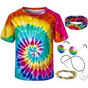 Kids Hippie Costume for Boys Girls 60s 70s T-Shirt 5Pcs Set for Halloween Party 3-12 Years