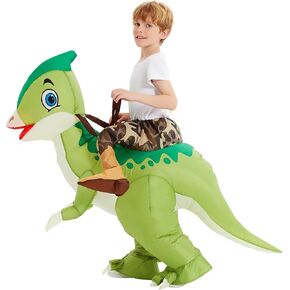 COMIN Inflatable Dinosaur Costume Kids, Ride on Parasaurolophus Blow Up Dino Costume Green Funny Fancy Dress for Halloween