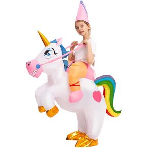 Spooktacular Creations Kids Halloween Inflatable Costumes, Riding a Unicorn, Ride-on Air Blow-up Deluxe Set with Hat, (Pink, 7-10 Yrs)