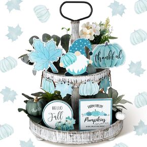 Bencailor 11 Pcs Thanksgiving Tiered Tray Decor Blue Fall Decor Thanksgiving Pumpkin Decor Fall Table Decoration Maple Leaf Gnome Wood Sign Decorative Tabletop Sign for Autumn Home Table Kitchen