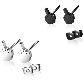 2/3Pairs Punk Stylish Stainless Steel Middle Finger Earrings Set Gold Silver Black Funny Fuck Doodle Stud Earrings for Men and Women Personalized Hip Hop Jewelry