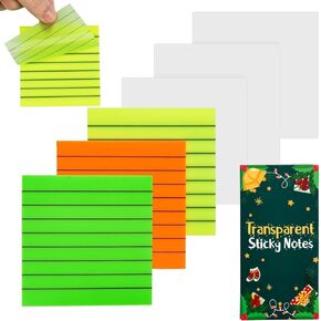 3"x5" Lined Transparent Sticky Notes, 4 Pads 4 Colors Large Clear See Through Translucent Self-Adhesive Post Memo Reminder Tabs with Lines for Office Women College School Students Classroom Supplies