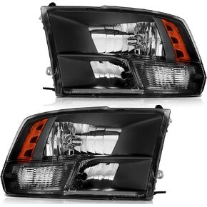 Headlight Assembly for Dodge for Ram 1500 2009-2018 for Dodge for Ram 2500 2010-2018 for Dodge for Ram 3500 2010-2018 Black Housing Amber Reflector Clear Lens Driver and Passenger Side Headlamp