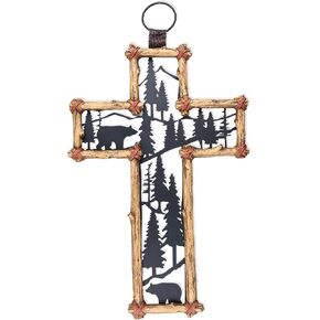 Needzo Woodland Scenery Wall Cross, Bears, Mountains, Forrest Design, Cabin Decor, 16 Inches