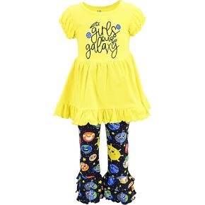 Unique Baby Girls Rule Galaxy Back To School Rufle Pants Outfit (10Y, Yellow)