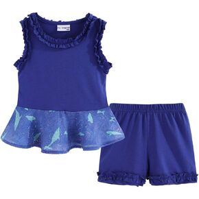 Mud Kingdom Littler Girls Summer Outfit 2 Piece Ruffle Hem Tank Tops and Shorts Set Cartoon Ocean Navy Blue 7-8 Years