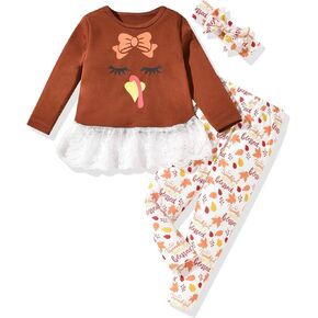 HIHA Toddler Little Girls Thanksgiving Christmas Outfit Letter Print Long Sleee Dress Tops Pants Set 3 Piece Clothing