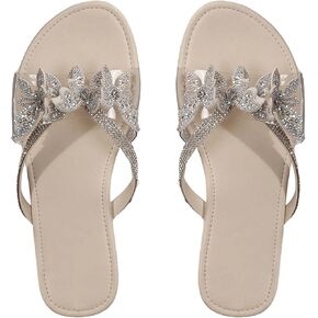 GORGLITTER Women's Glamorous Rhinestone Butterfly Decor Flats Open Toe Transparent Band Slide Sandals