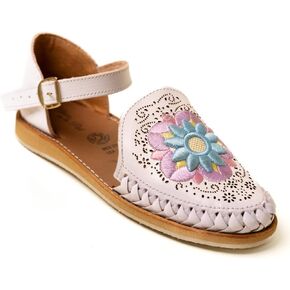 Mexico en la Piel Handcrafted White Leather Flat Sandals for Women - Closed Heel with Floral Embroidery, Adjustable Ankle Buckle, Water-Resistant, Comfortable, Durable